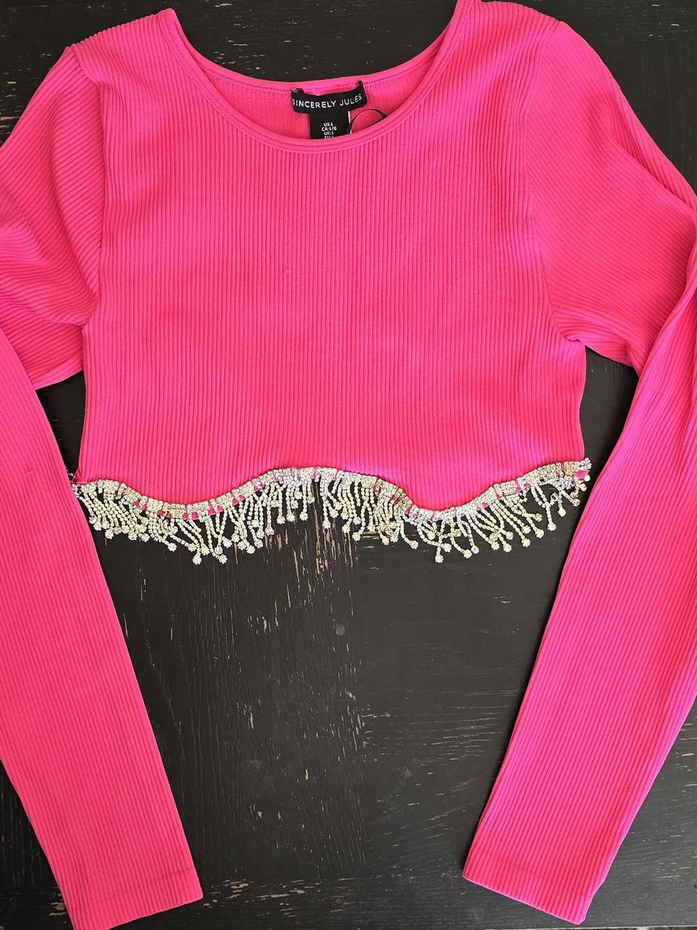 NWT Sincerely Jules Bright Pink Long Sleeve Beaded Crop Top Womens Sz Large - Picture 4 of 11